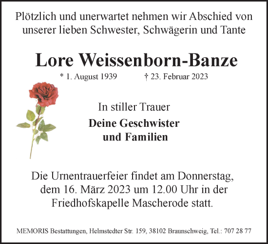 Traueranzeige von Lore Weissenborn-Banze von Braunschweiger Zeitung