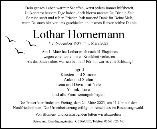 Traueranzeige von Lothar Hornemann von Wolfsburger Nachrichten