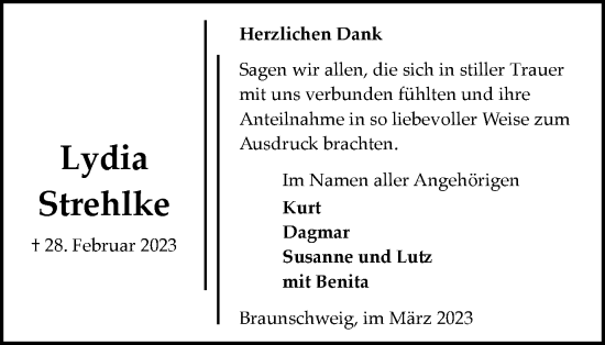 Traueranzeige von Lydia Strehlke von Braunschweiger Zeitung