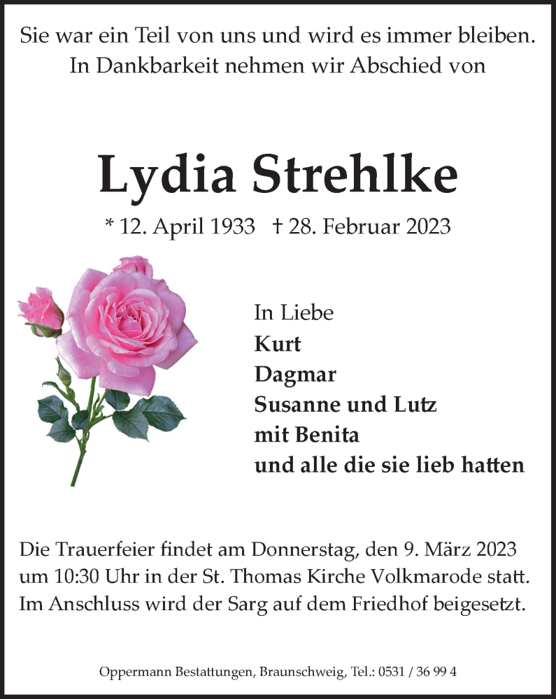  Traueranzeige für Lydia Strehlke vom 04.03.2023 aus Braunschweiger Zeitung