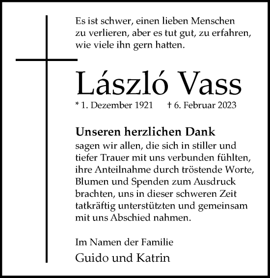 Traueranzeige von László Vass von Wolfsburger Nachrichten