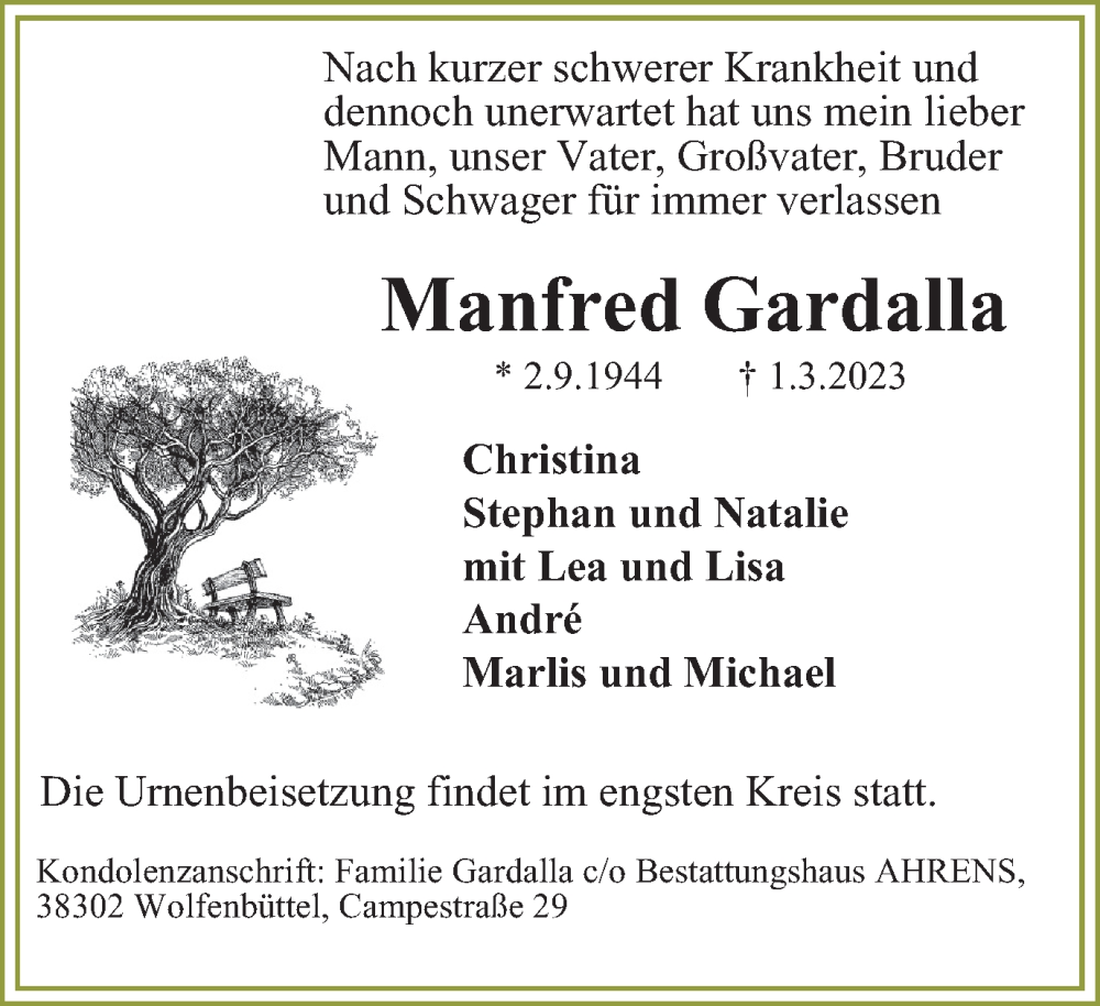  Traueranzeige für Manfred Gardalla vom 11.03.2023 aus Braunschweiger Zeitung