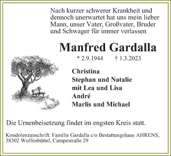 Traueranzeige von Manfred Gardalla von Braunschweiger Zeitung