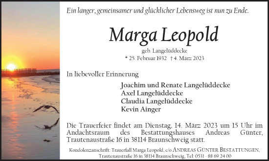 Traueranzeige von Marga Leopold von Braunschweiger Zeitung