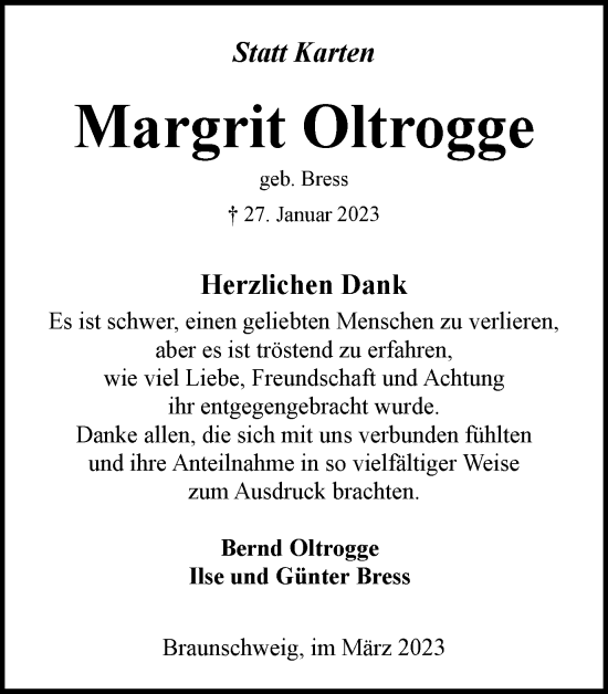 Traueranzeige von Margrit Oltrogge von Braunschweiger Zeitung
