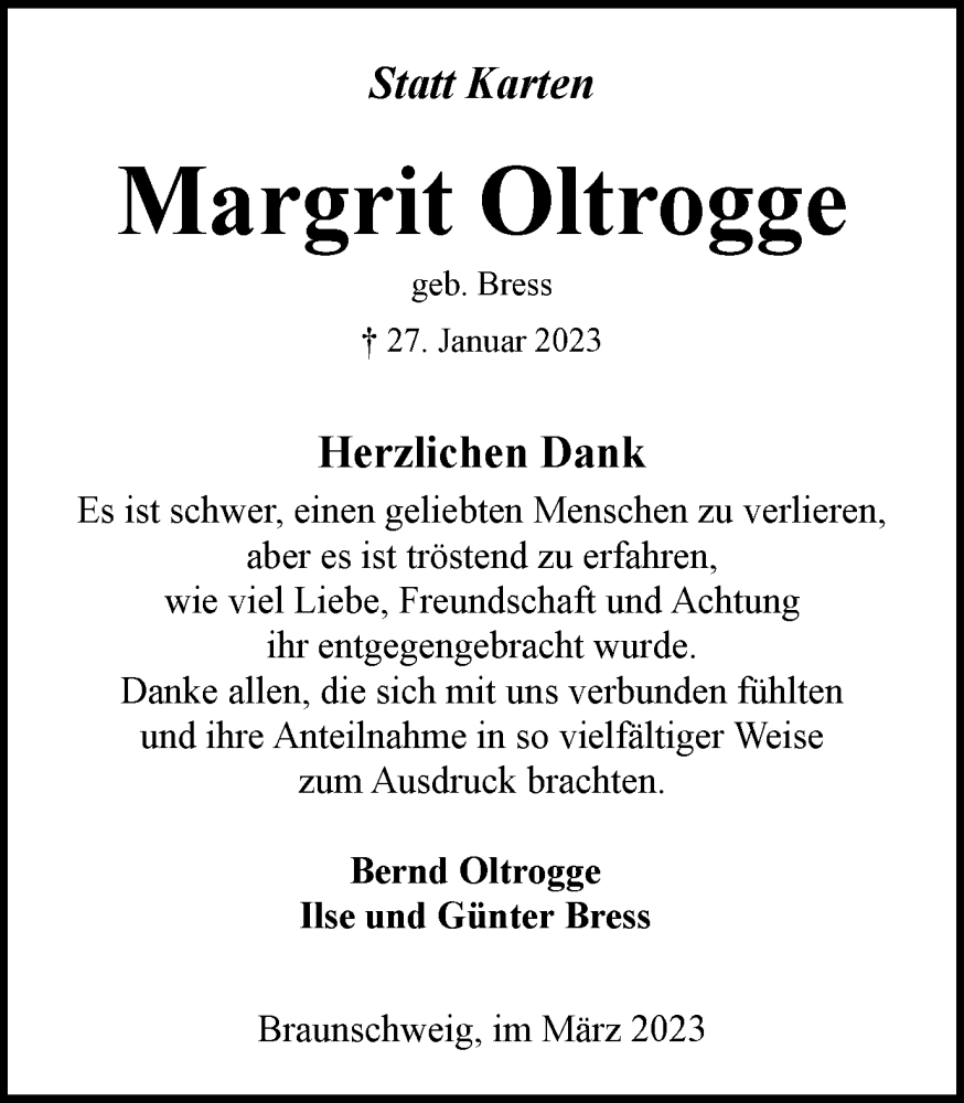  Traueranzeige für Margrit Oltrogge vom 10.03.2023 aus Braunschweiger Zeitung