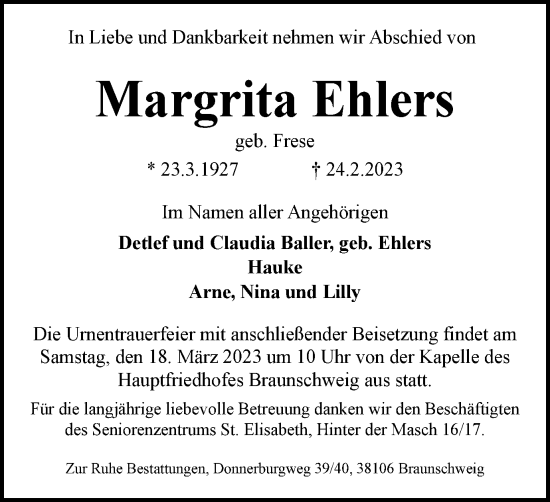Traueranzeige von Margrita Ehlers von Braunschweiger Zeitung