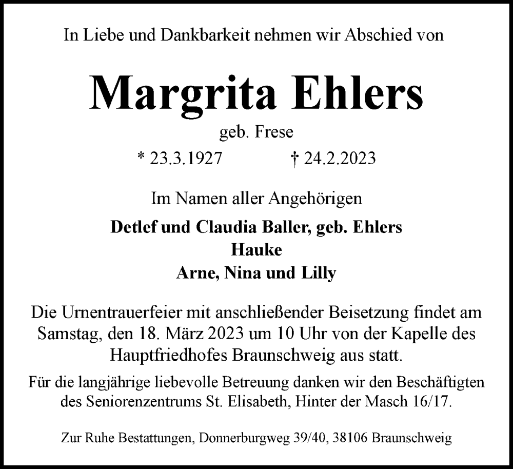  Traueranzeige für Margrita Ehlers vom 11.03.2023 aus Braunschweiger Zeitung