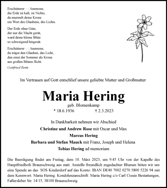 Traueranzeige von Maria Hering von Braunschweiger Zeitung