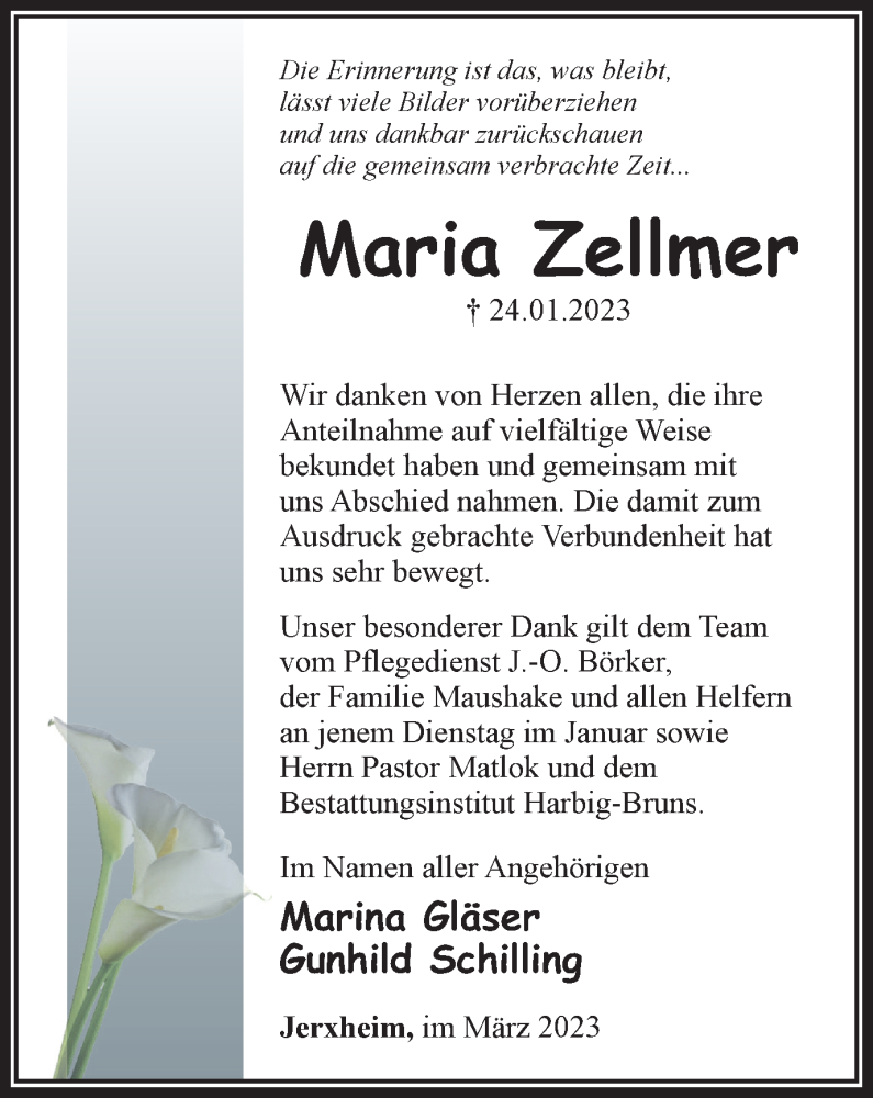  Traueranzeige für Maria Zellmer vom 04.03.2023 aus Helmstedter Nachrichten