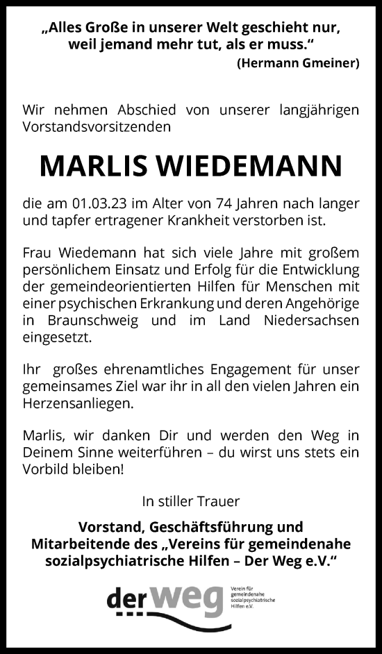 Traueranzeige von Marlies Wiedemann von Braunschweiger Zeitung