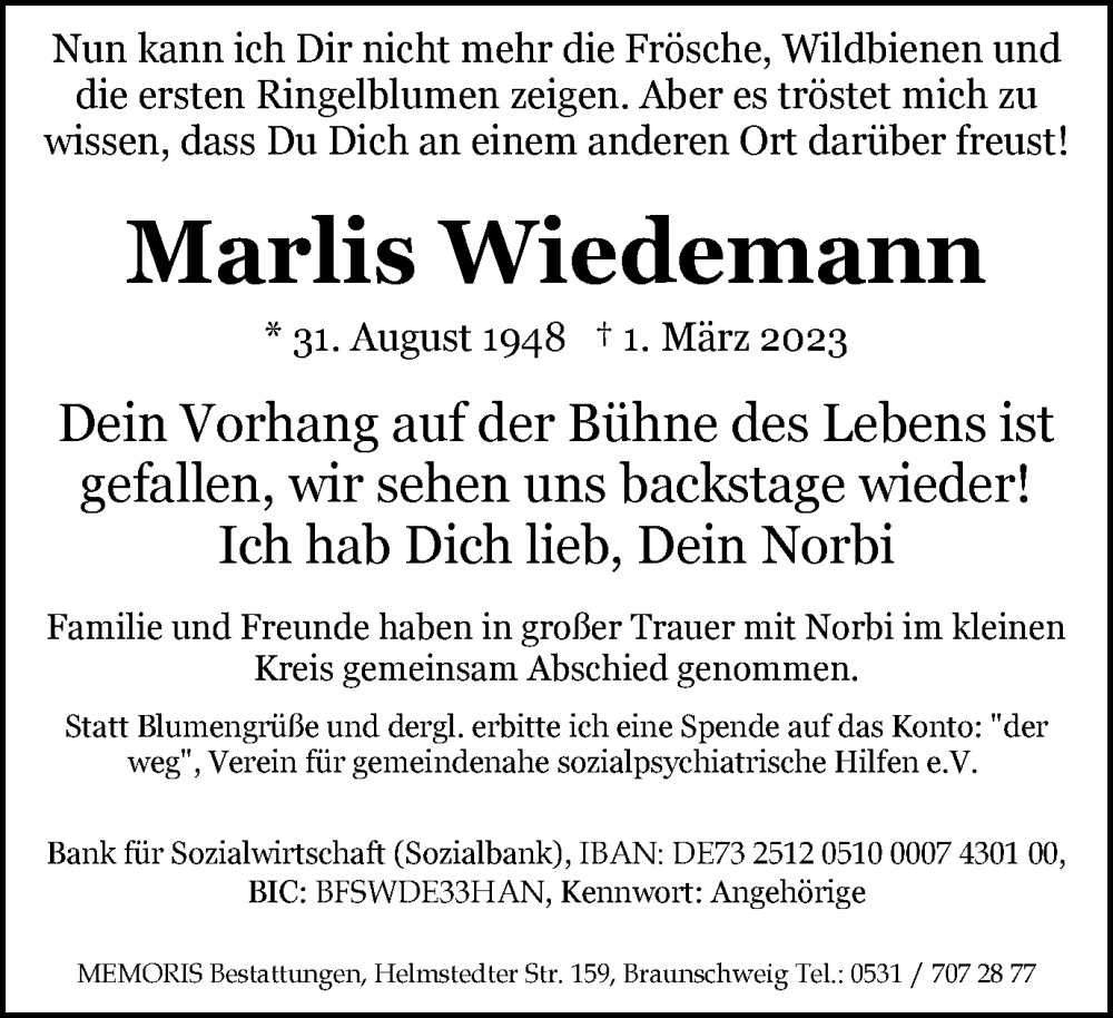  Traueranzeige für Marlis Wiedemann vom 15.03.2023 aus Braunschweiger Zeitung