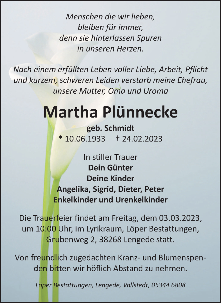  Traueranzeige für Martha Plünnecke vom 01.03.2023 aus Braunschweiger Zeitung