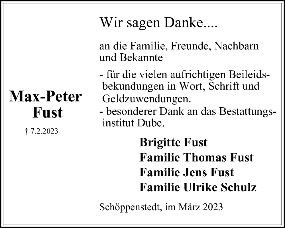  Traueranzeige für Max-Peter Fust vom 04.03.2023 aus Wolfenbütteler Zeitung