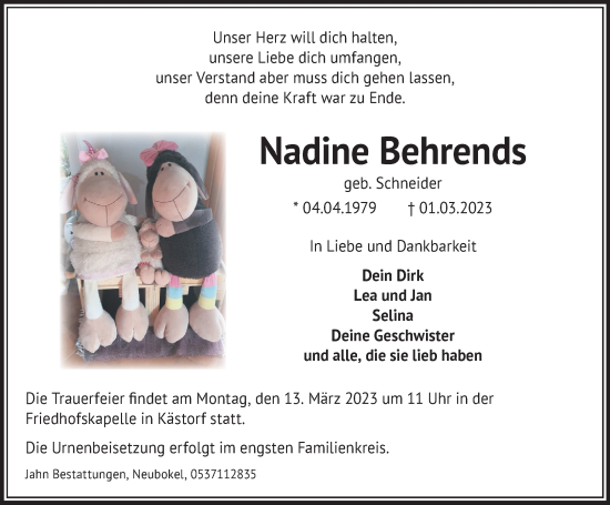 Traueranzeige von Nadine Behrends von Wolfsburger Nachrichten
