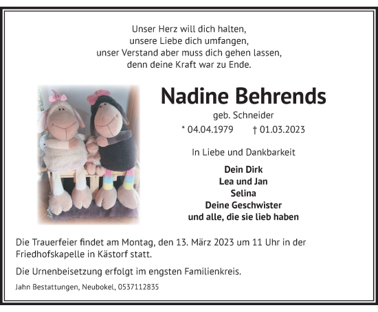 Traueranzeige von Nadine Behrends von Braunschweiger Zeitung