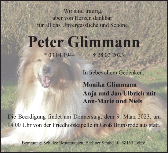 Traueranzeige von Peter Glimmann von Braunschweiger Zeitung
