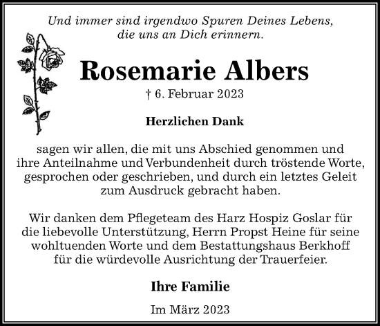 Traueranzeige von Rosemarie Albers von Braunschweiger Zeitung