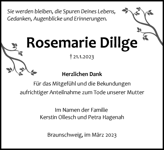 Traueranzeige von Rosemarie Dillge von Braunschweiger Zeitung