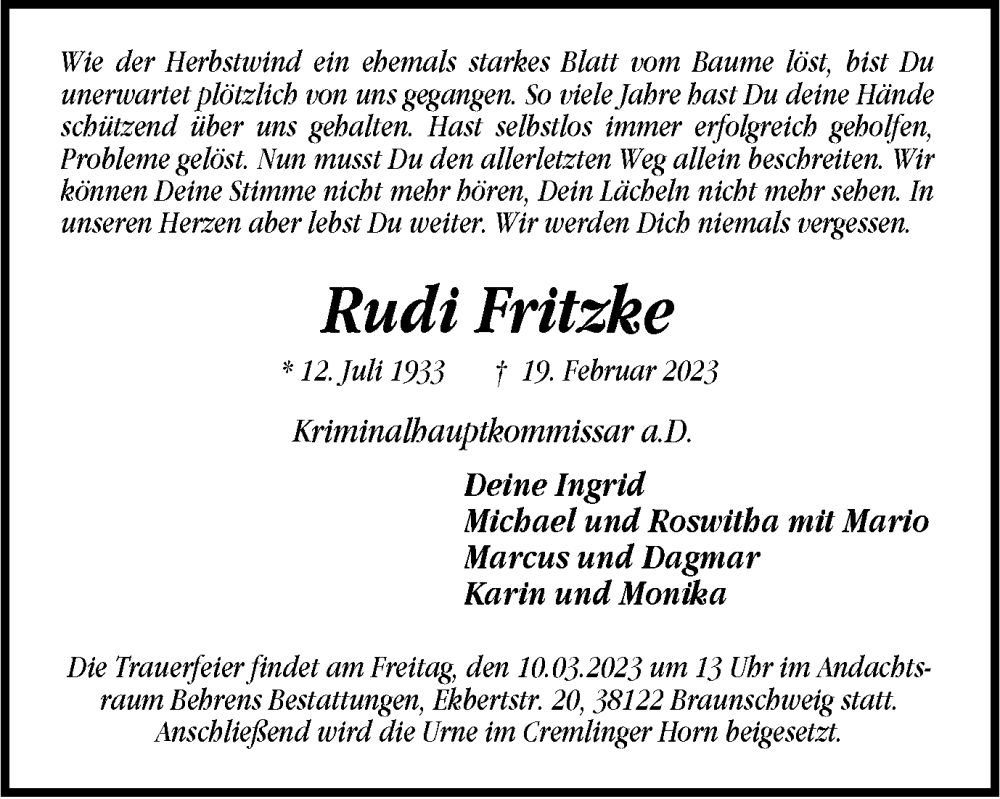  Traueranzeige für Rudi Fritzke vom 06.03.2023 aus Braunschweiger Zeitung