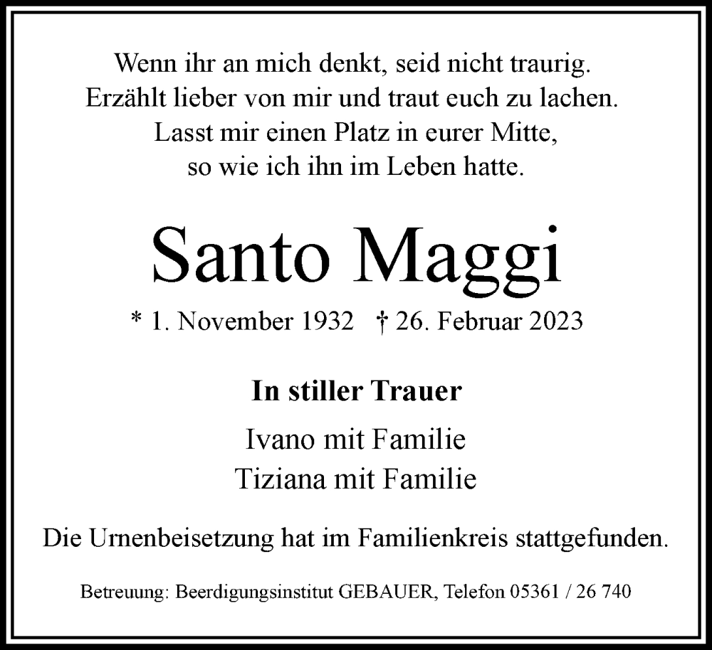  Traueranzeige für Santo Maggi vom 11.03.2023 aus Wolfsburger Nachrichten