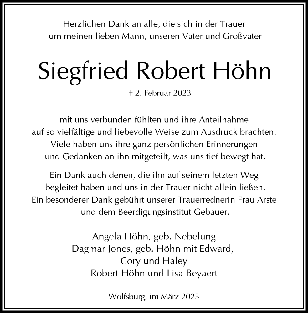  Traueranzeige für Siegfried Robert Höhn vom 04.03.2023 aus Wolfsburger Nachrichten