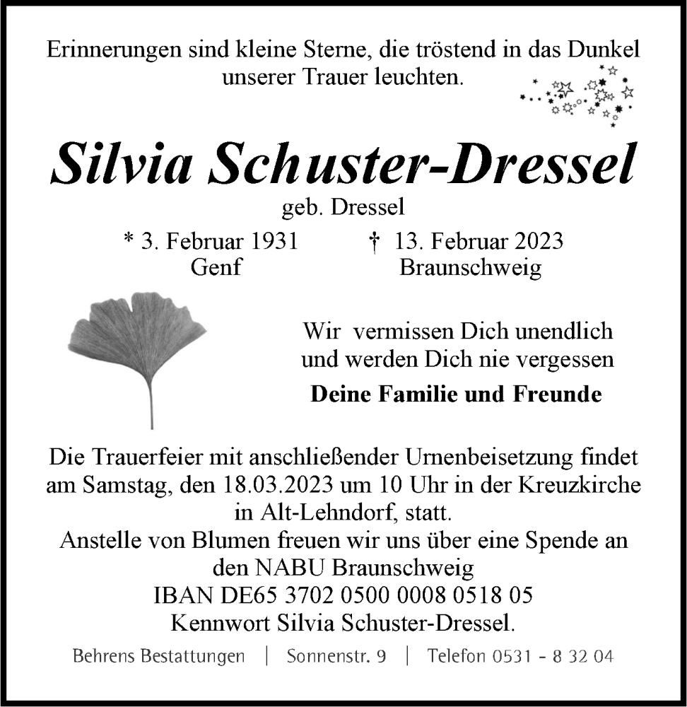  Traueranzeige für Silvia Schuster-Dressel vom 11.03.2023 aus Braunschweiger Zeitung