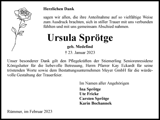 Traueranzeige von Ursula Sprötge von Helmstedter Nachrichten