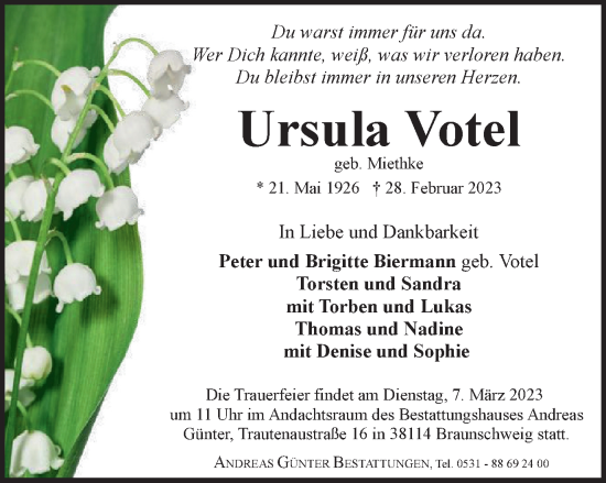 Traueranzeige von Ursula Votel von Braunschweiger Zeitung