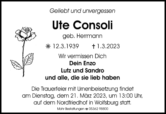 Traueranzeige von Ute Consoli von Wolfsburger Nachrichten
