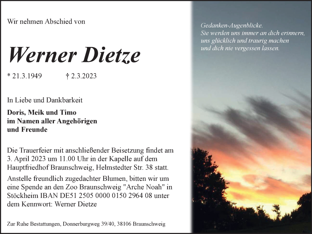  Traueranzeige für Werner Dietze vom 25.03.2023 aus Braunschweiger Zeitung