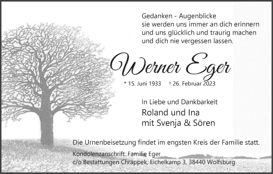 Traueranzeige von Werner Eger von Wolfsburger Nachrichten