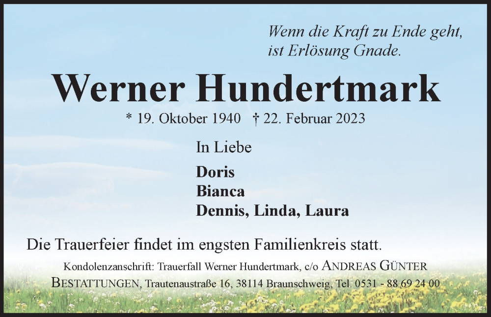  Traueranzeige für Werner Hundertmark vom 04.03.2023 aus Neue Braunschweiger am Samstag