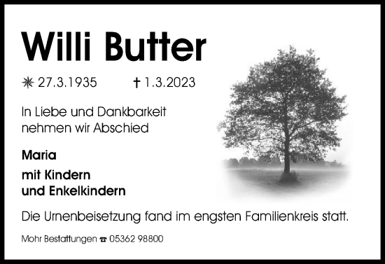 Traueranzeige von Willi Butter von Wolfsburger Nachrichten