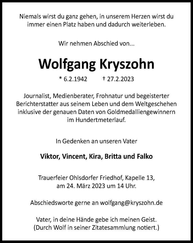  Traueranzeige für Wolfgang Kryszohn vom 11.03.2023 aus Braunschweiger Zeitung