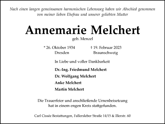 Traueranzeige von Annemarie Melchert von Braunschweiger Zeitung