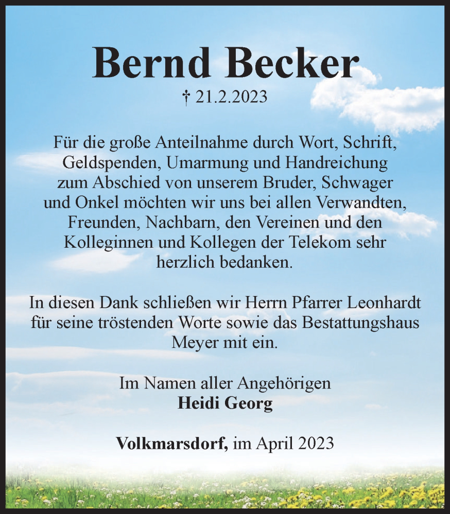  Traueranzeige für Bernd Becker vom 08.04.2023 aus Helmstedter Nachrichten
