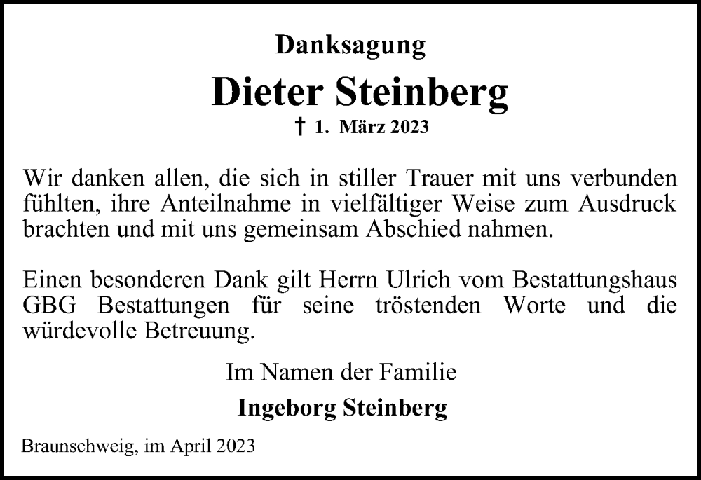  Traueranzeige für Dieter Steinberg vom 01.04.2023 aus Braunschweiger Zeitung