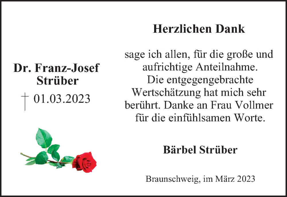  Traueranzeige für Franz-Josef Strüber vom 01.04.2023 aus Braunschweiger Zeitung