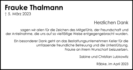 Traueranzeige von Frauke Thalmann von Helmstedter Nachrichten