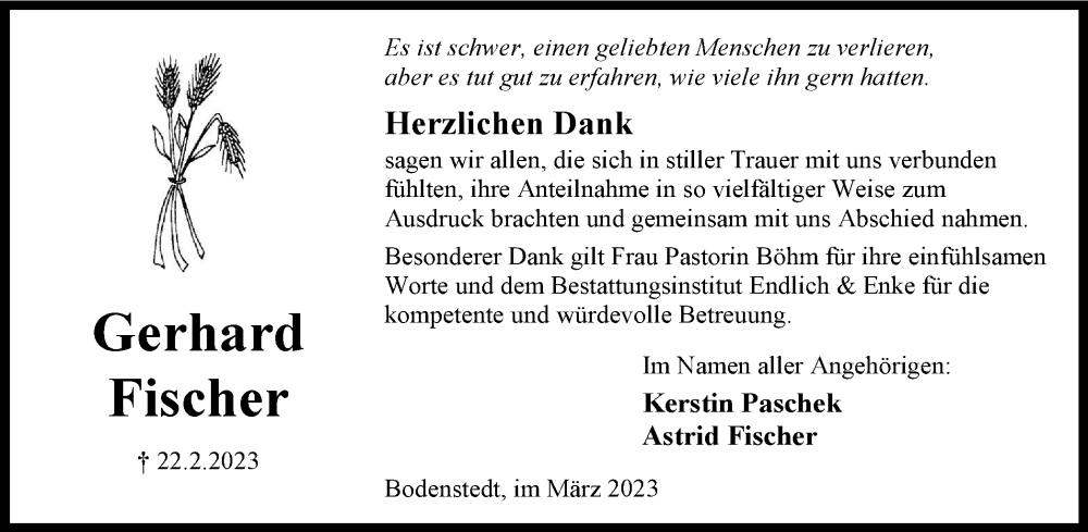  Traueranzeige für Gerhard Fischer vom 01.04.2023 aus Peiner Nachrichten