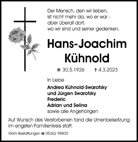 Traueranzeige von Hans-Joachim Kühnold von Wolfsburger Nachrichten
