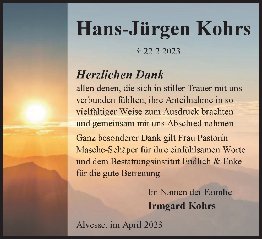  Traueranzeige für Hans-Jürgen Kohrs vom 01.04.2023 aus Peiner Nachrichten