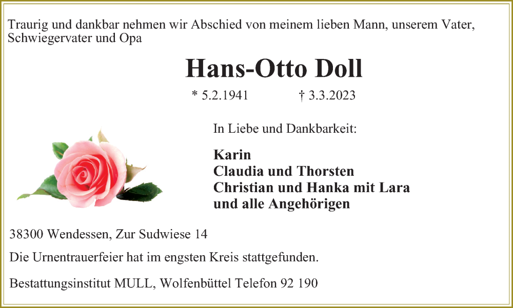  Traueranzeige für Hans-Otto Doll vom 01.04.2023 aus Wolfenbütteler Zeitung