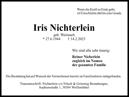 Traueranzeige von Iris Nichterlein von Braunschweiger Zeitung