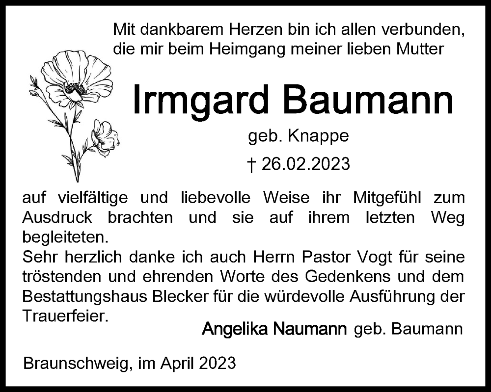  Traueranzeige für Irmgard Baumann vom 01.04.2023 aus Braunschweiger Zeitung