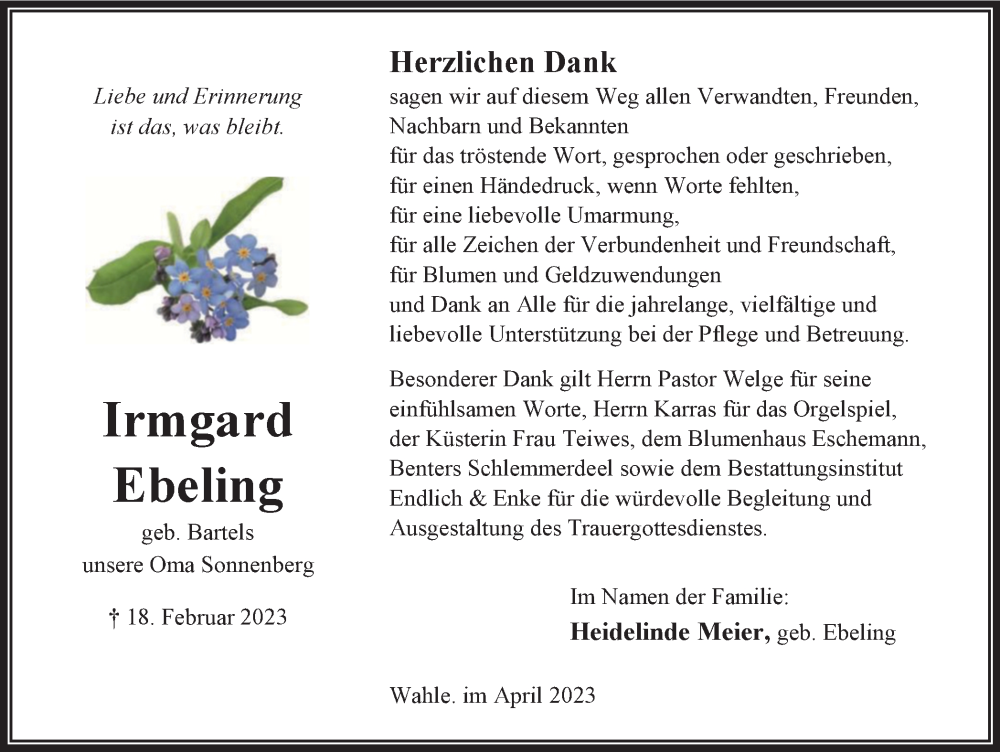  Traueranzeige für Irmgard Ebeling vom 01.04.2023 aus Peiner Nachrichten