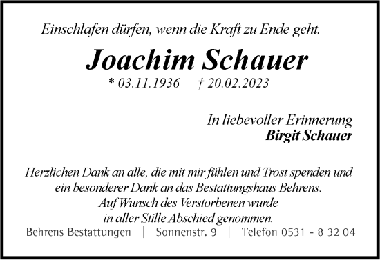 Traueranzeige von Joachim Schauer von Braunschweiger Zeitung