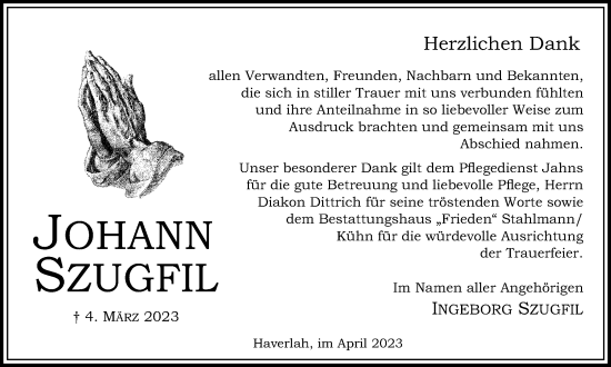 Traueranzeige von Johann Szugfil von Salzgitter-Zeitung