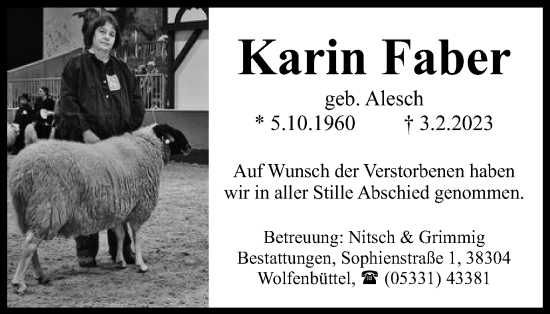 Traueranzeige von Karin Faber von Wolfenbütteler Zeitung